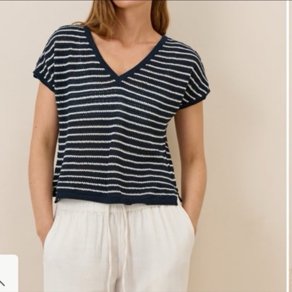Pact Beachside Knit Organic Cotton Linen Loose Knit V Neck Stripe Shirt Relaxed